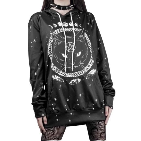 FancyQube Black Cat Hoodie Moon Pentagram Goth Gothic Punk Grunge Witch Occult - Picture 2 of 13